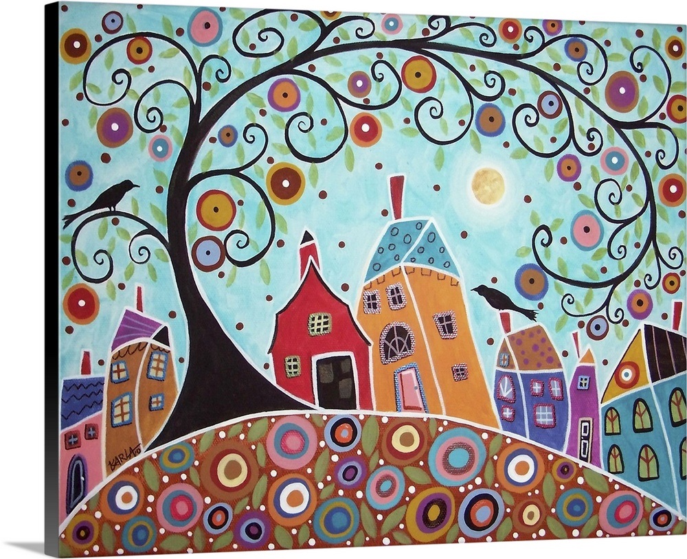 Canvas Art Print /"Houses Barn Birds and Swirl Tree/"