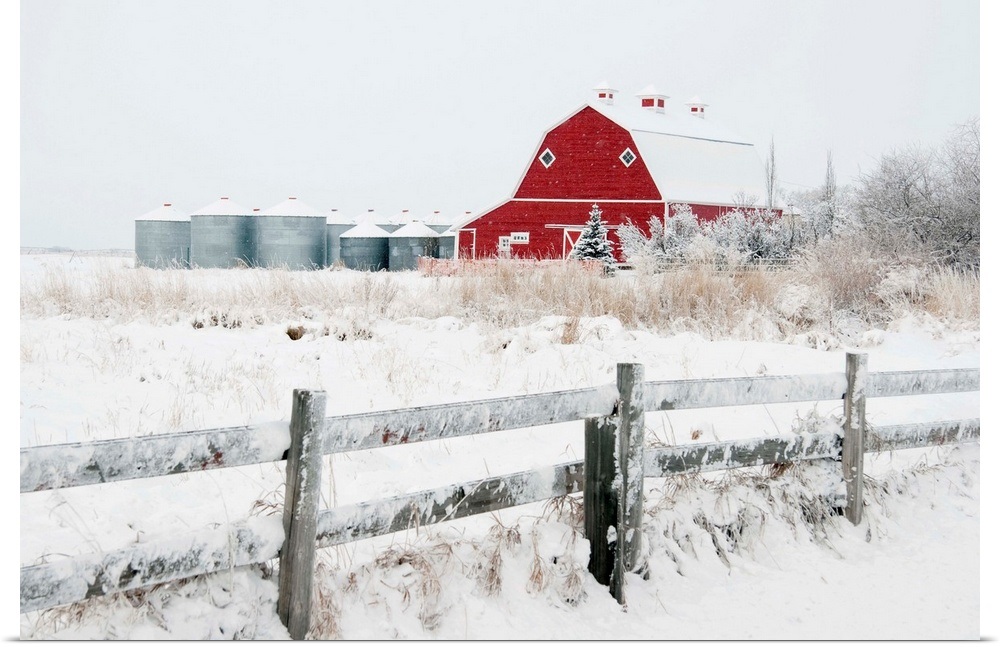 Farm Yard With A Red Barn And Metal Grain Bins In Winter Alberta