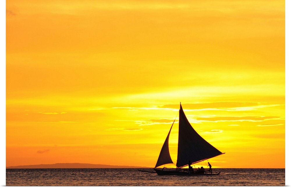 Poster Print Wall Art entitled Paraw sailing at sunset, Philippines. Poster Print Wall Art entitled Paraw sailing at sunset, Philippines.