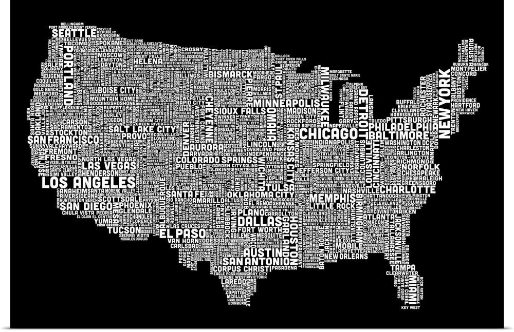 united states cities text map black and white poster print ebay