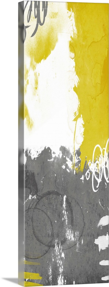 Gallery-Wrapped Canvas entitled Abstract Cocoon I.  Vertical contemporary abstract art in shades of white grey and yellow.  Multiple sizes available.  Primary colors within this image include Light Yellow Black Light Gray White.  Made in USA.  Satisfaction guaranteed.  Inks used are latex-based and designed to last.  Museum-quality artist-grade canvas mounted on sturdy wooden stretcher bars 1.5 thick.  Comes ready to hang.  Canvas is acid-free and 20 millimeters thick.