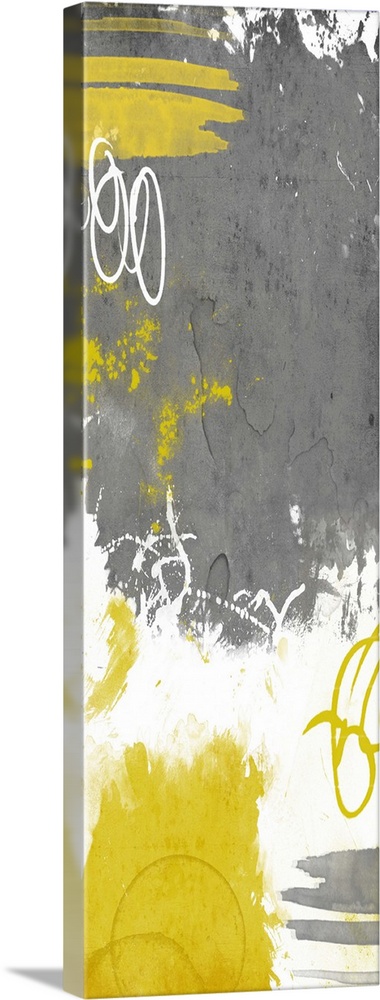 Gallery-Wrapped Canvas entitled Abstract Cocoon II.  Vertical contemporary abstract art in shades of white grey and yellow.  Multiple sizes available.  Primary colors within this image include Yellow Black Light Gray White.  Made in USA.  Satisfaction guaranteed.  Inks used are latex-based and designed to last.  Canvases are stretched across a 1.5 inch thick wooden frame with easy-to-mount hanging hardware.  Canvas is acid-free and 20 millimeters thick.
