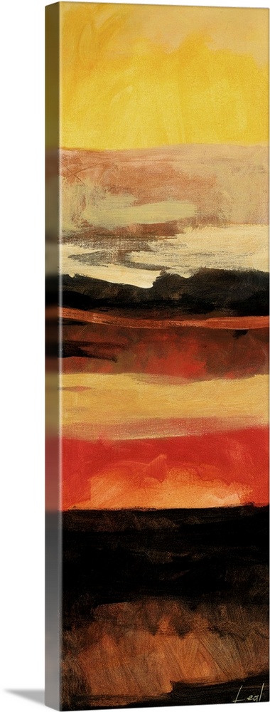 Gallery-Wrapped Canvas entitled Abstract Painting II.  Abstract painting using warm tones in shades of yellow brown red and orange.  Multiple sizes available.  Primary colors within this image include Dark Red Peach Light Yellow Black.  Made in USA.  All products come with a 365 day workmanship guarantee.  Inks used are latex-based and designed to last.  Canvas is designed to prevent fading.  Canvases are stretched across a 1.5 inch thick wooden frame with easy-to-mount hanging hardware.