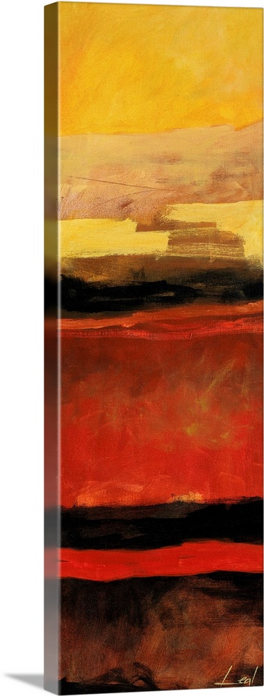 Gallery-Wrapped Canvas entitled Abstract Painting III.  Abstract painting using warm tones in shades of yellow brown red and orange.  Multiple sizes available.  Primary colors within this image include Dark Red Peach Light Yellow Black.  Made in USA.  Satisfaction guaranteed.  Archival-quality UV-resistant inks.  Museum-quality artist-grade canvas mounted on sturdy wooden stretcher bars 1.5 thick.  Comes ready to hang.  Canvas is designed to prevent fading.