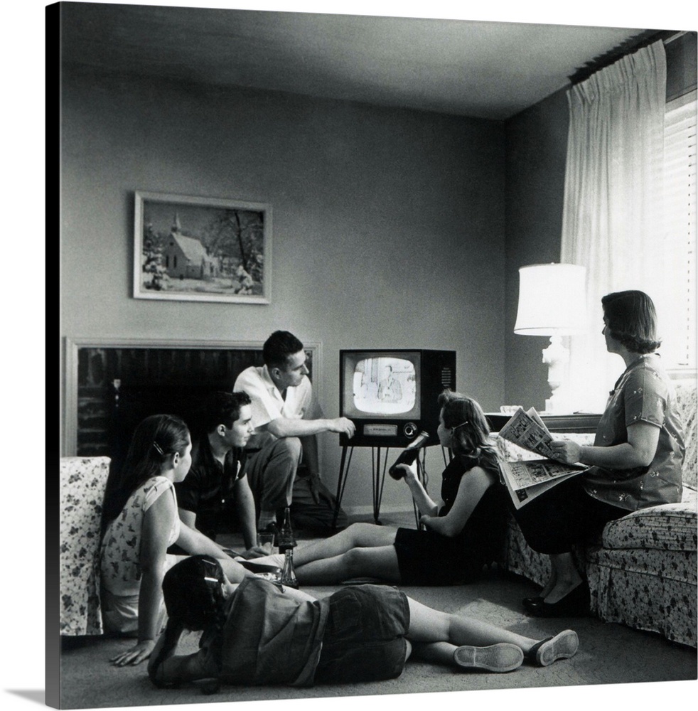 Large Stretched Canvas Print Wall Art Print 16 x 16 entitled American Family Viewing Television In Living Room Of Their Ho...