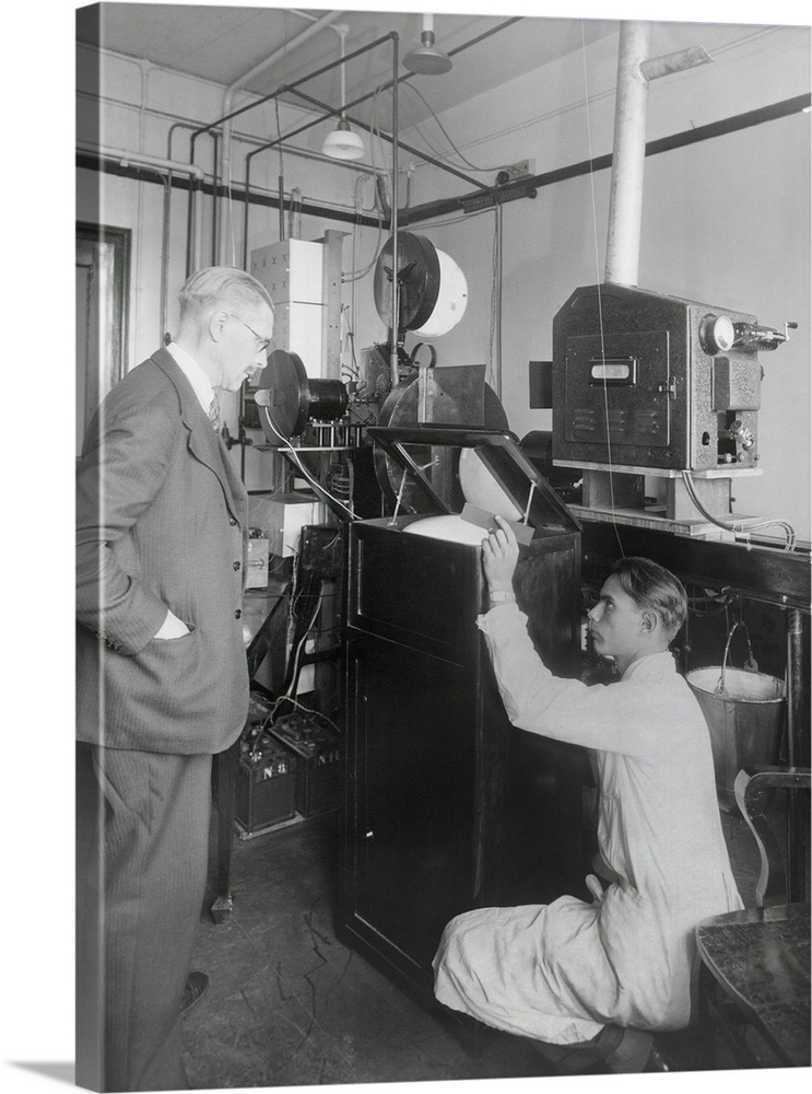 Large Stretched Canvas Print Wall Art Print 18 x 24 entitled Early television with a viewing mirror that reflects the imag...