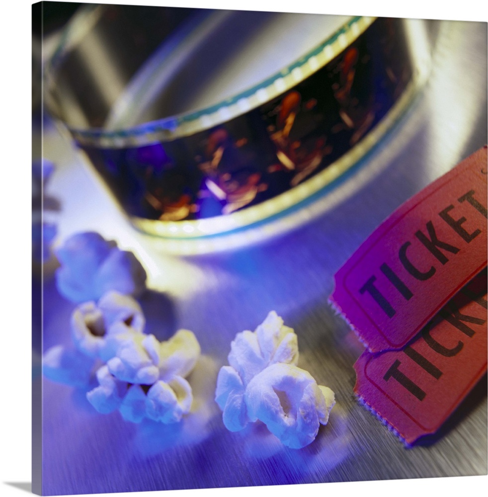 Large Solid-Faced Canvas Print Wall Art Print 24 x 24 entitled Movie tickets with film strip and popcorn