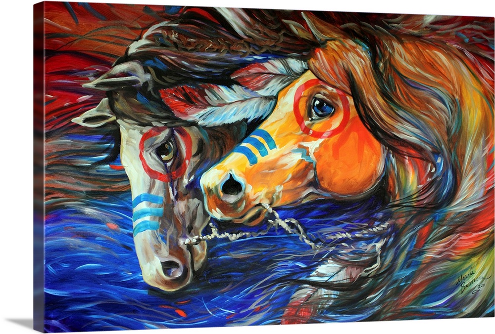 Solid-Faced Canvas Print Wall Art entitled Three Feathers Indian War Ponies Solid-Faced Canvas Print Wall Art entitled Three Feathers Indian War Ponies