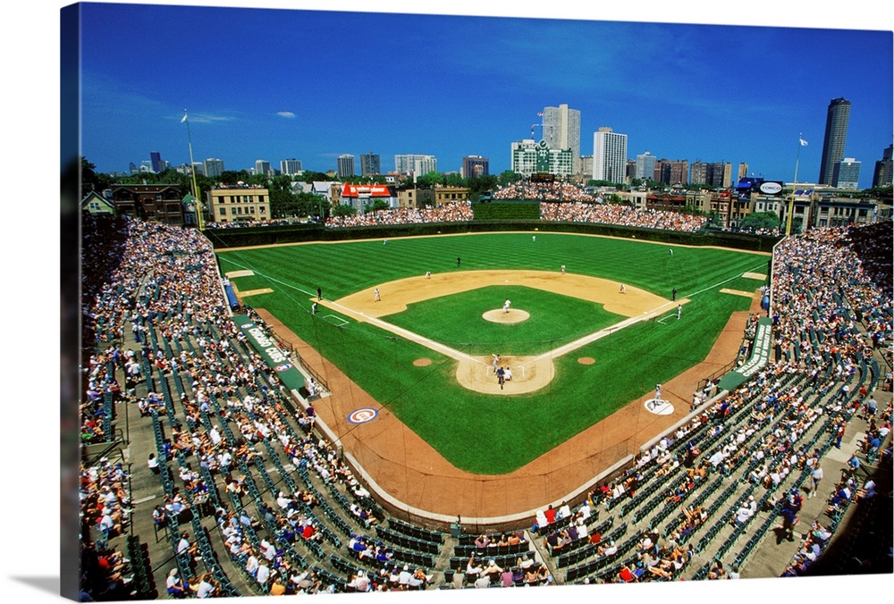 Large Solid-Faced Canvas Print Wall Art Print 36 x 24 entitled Fisheye view of crowd and diamond at Wrigley Field, Illinois