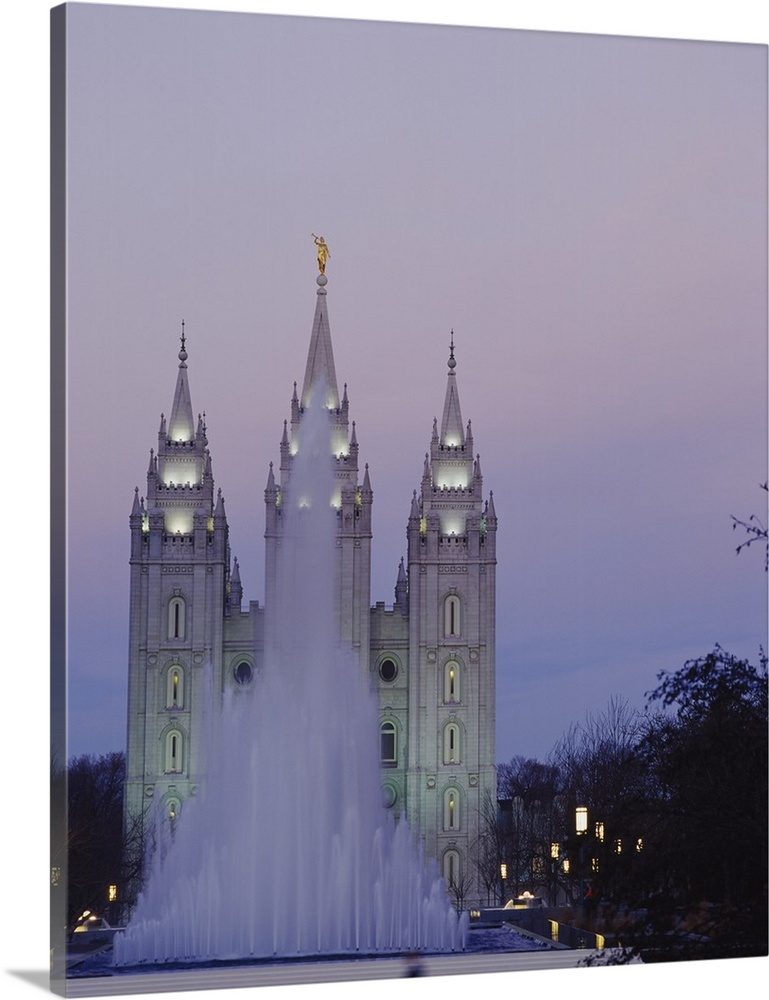 Solid-Faced Canvas Print Wall Art entitled Fountain in front of a temple, Mormon Solid-Faced Canvas Print Wall Art entitled Fountain in front of a temple, Mormon