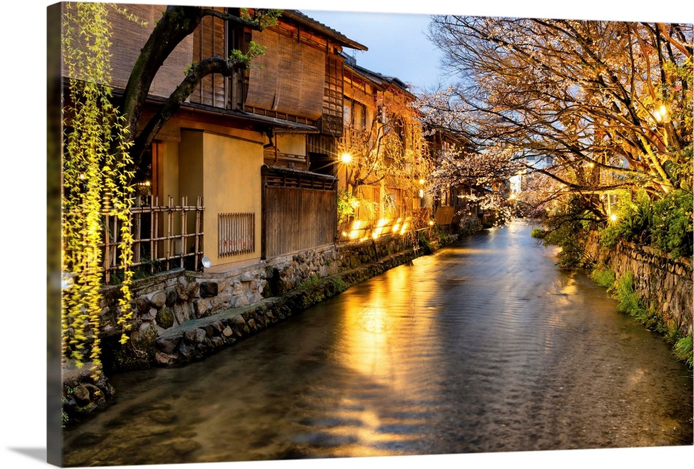 Large Solid-Faced Canvas Print Wall Art Print 36 x 24 entitled Japan Rising Sun Collection - Kyoto Japan Spring River View