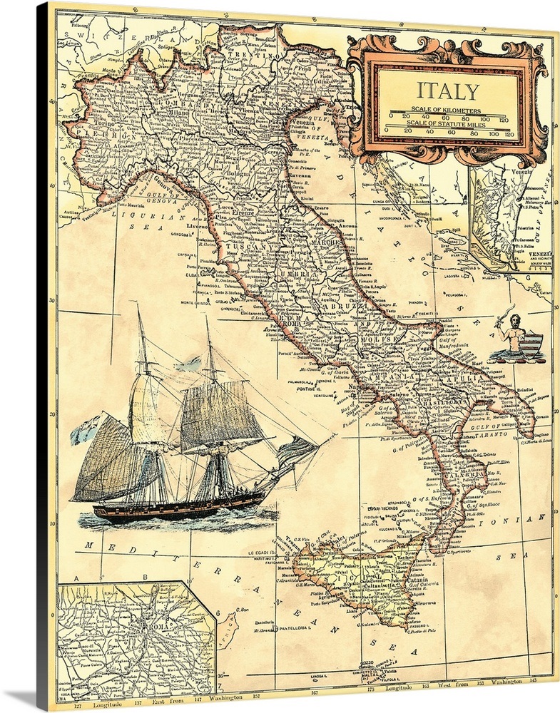 SolidFaced Canvas Print Wall Art entitled Italy Map eBay